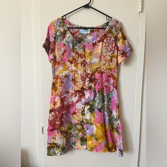 Vintage 90s Floral/Tie Dye Lightweight Button-Up Dress - Picture 1 of 5